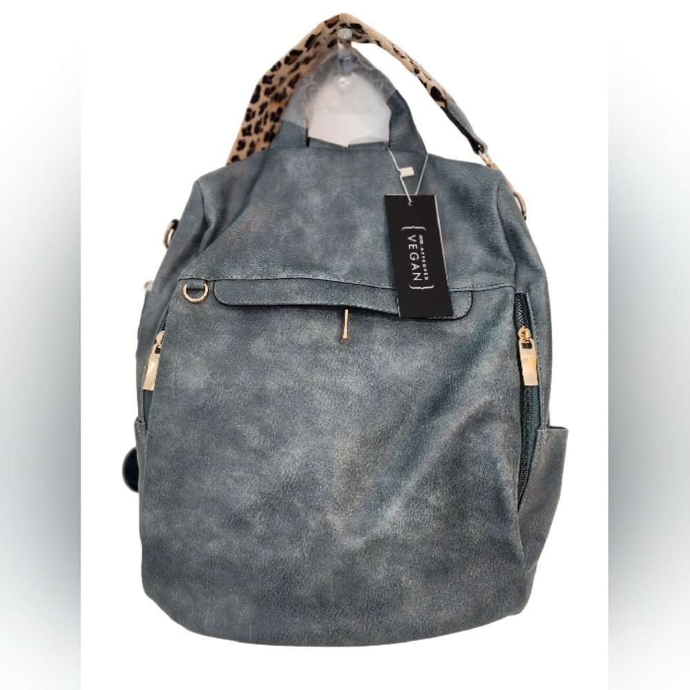 Le Miel Backpack Purse Blue color with Leopard strap for crossbody/sling carry